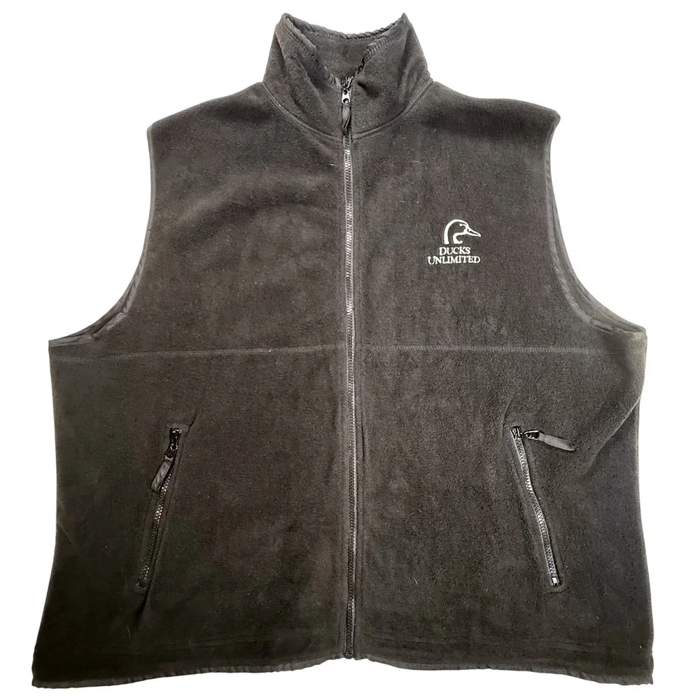 Ducks Unlimited Mens 2XL Black Fleece Full Zip Vest Outdoor Hunting Logo Gilet